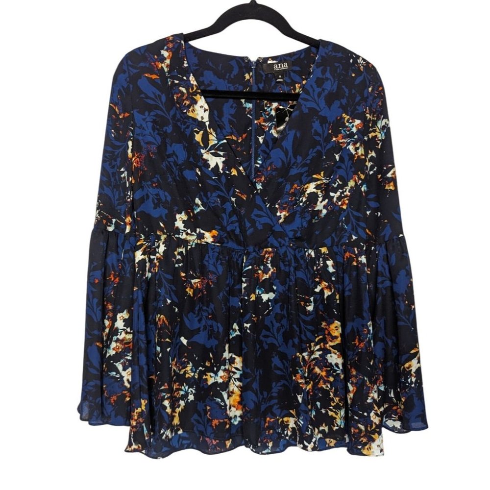 a.n.a A New Approach wing sleeve surplice neckline‎ geometric dark navy blouse M